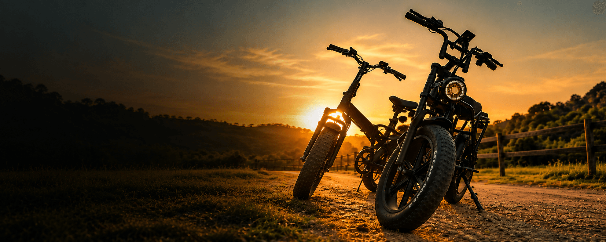 Duas e-bikes Elektra estacionadas em estrada de terra ao pôr do sol
